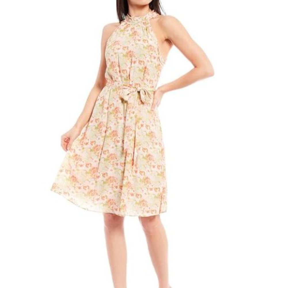 Gibson Latimer Ruffle Halter Belted Floral Dress